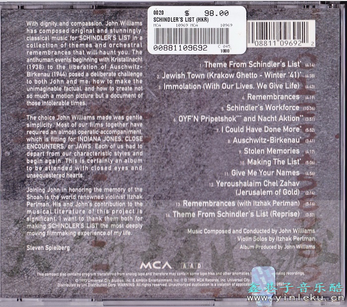 CD圣经上榜天碟：MCA唱片《辛德勒的名单》美国JVC版[WAV+CUE]