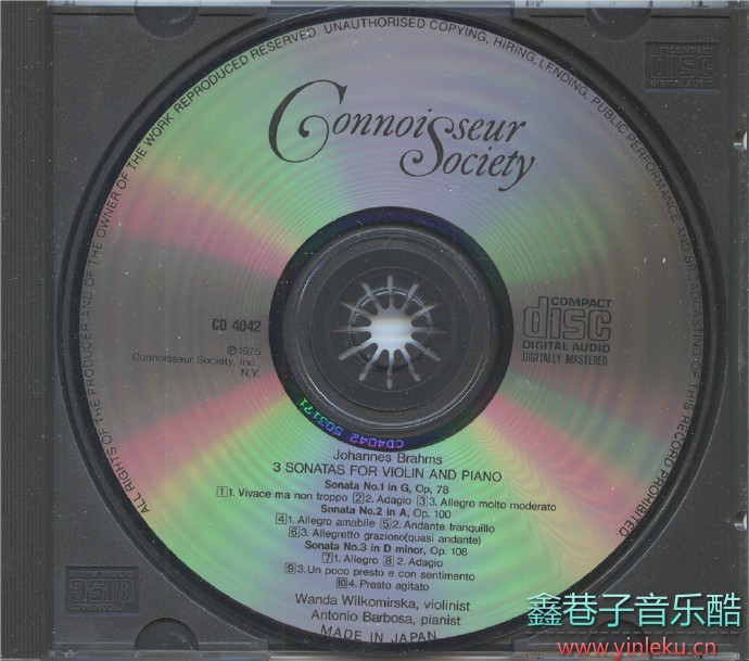 CONNOISSERUSOCIETY唱片万达维尔柯密尔斯卡勃拉姆斯三首小提琴与钢琴作品（日本首版）[WAV+CUE]