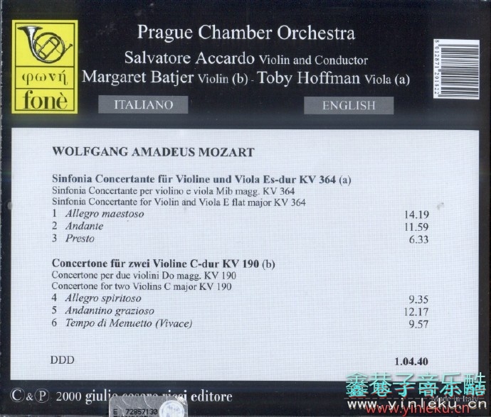 阿卡多《莫扎特-交响协奏曲、双小提琴协奏曲》2000[FLAC+CUE]
